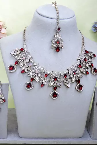 Maroon yellow gold premium designer american diamond and stone work necklace set
