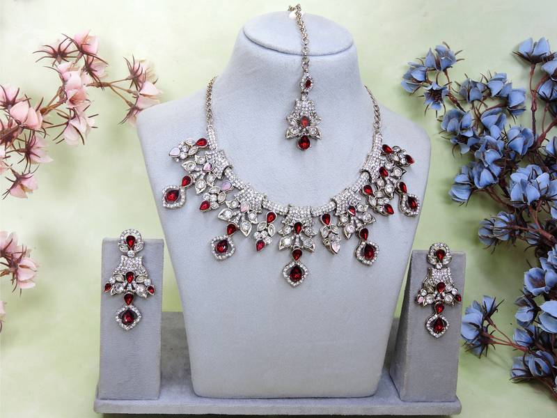 Maroon yellow gold premium designer american diamond and stone work necklace set