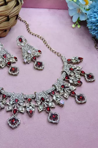 Maroon yellow gold premium designer american diamond and stone work necklace set