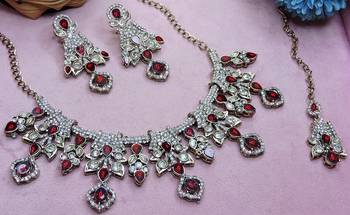 Maroon yellow gold premium designer american diamond and stone work necklace set 3