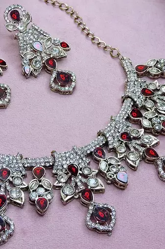Maroon yellow gold premium designer american diamond and stone work necklace set