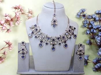 Blue yellow gold premium designer american diamond and stone work necklace set 1