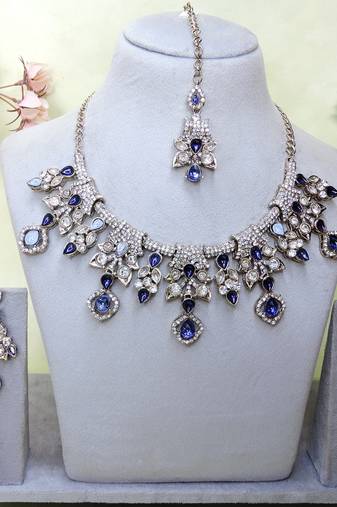 Blue yellow gold premium designer american diamond and stone work necklace set
