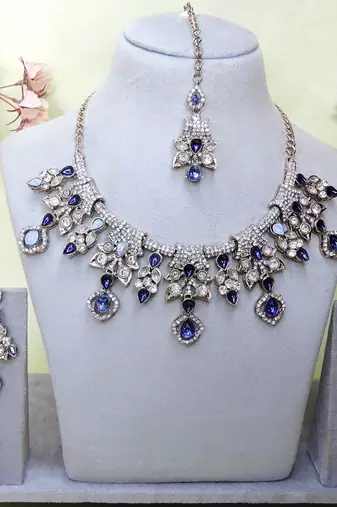 Blue yellow gold premium designer american diamond and stone work necklace set