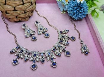 Blue yellow gold premium designer american diamond and stone work necklace set 2