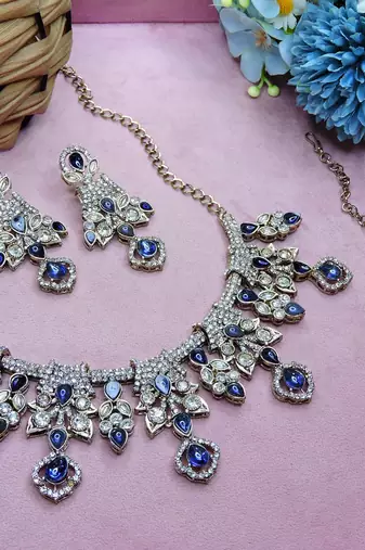 Blue yellow gold premium designer american diamond and stone work necklace set
