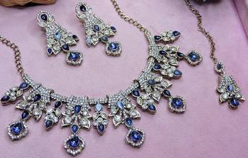 Blue yellow gold premium designer american diamond and stone work necklace set 3