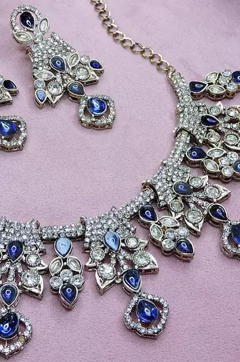 Blue yellow gold premium designer american diamond and stone work necklace set
