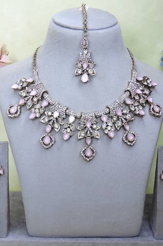 Pink yellow gold premium designer american diamond and stone work necklace set