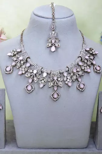Pink yellow gold premium designer american diamond and stone work necklace set