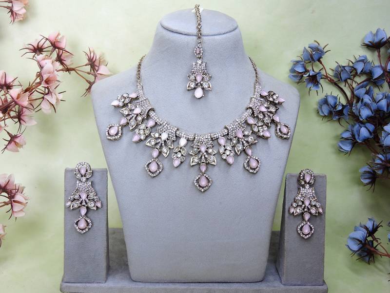 Pink yellow gold premium designer american diamond and stone work necklace set