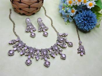 Pink yellow gold premium designer american diamond and stone work necklace set 2