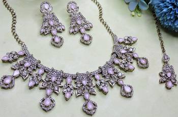 Pink yellow gold premium designer american diamond and stone work necklace set 3