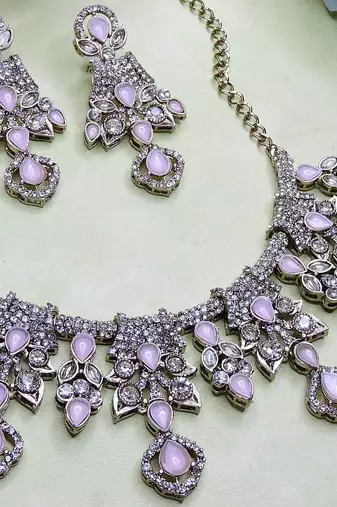 Pink yellow gold premium designer american diamond and stone work necklace set