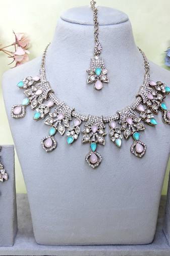 Green yellow gold premium designer american diamond and stone work necklace set