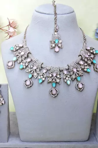 Green yellow gold premium designer american diamond and stone work necklace set