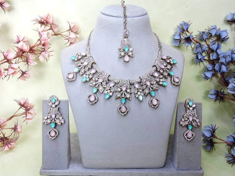 Green yellow gold premium designer american diamond and stone work necklace set