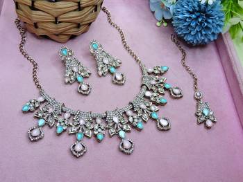 Green yellow gold premium designer american diamond and stone work necklace set 2