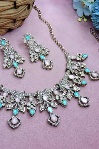 Green yellow gold premium designer american diamond and stone work necklace set