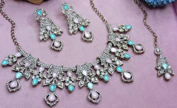 Green yellow gold premium designer american diamond and stone work necklace set 3