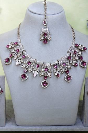 Purple yellow gold premium designer american diamond and stone work necklace set