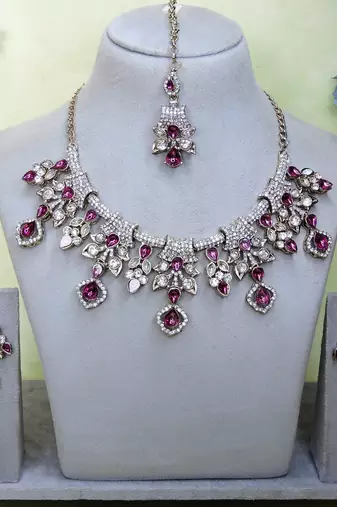 Purple yellow gold premium designer american diamond and stone work necklace set