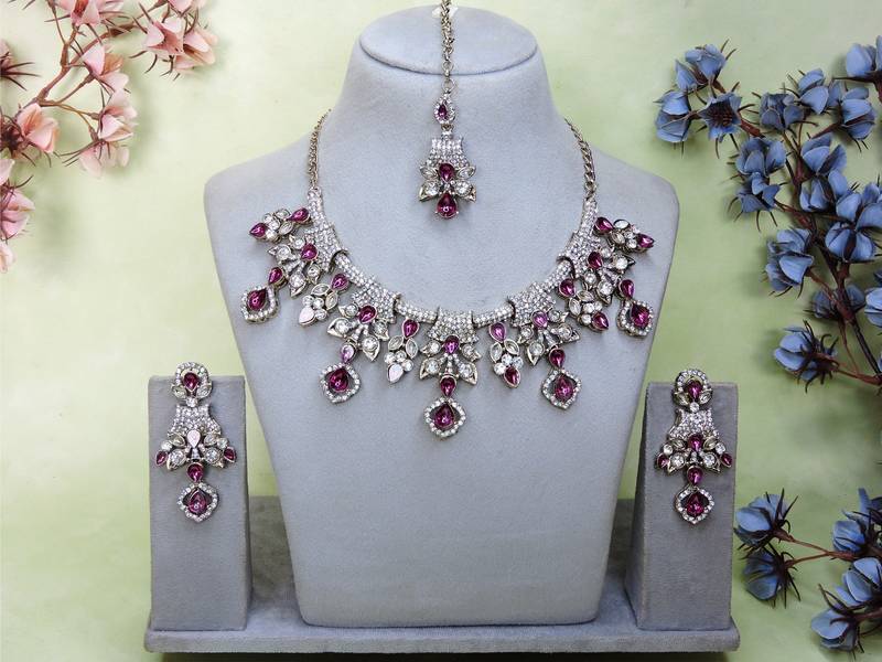 Purple yellow gold premium designer american diamond and stone work necklace set