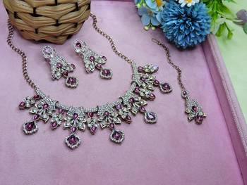 Purple yellow gold premium designer american diamond and stone work necklace set 2