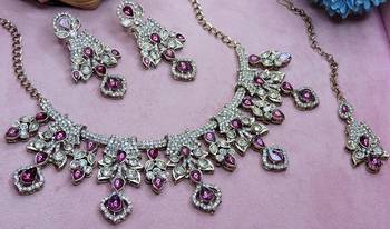 Purple yellow gold premium designer american diamond and stone work necklace set 3