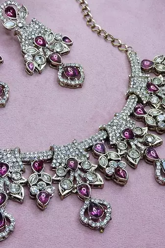 Purple yellow gold premium designer american diamond and stone work necklace set
