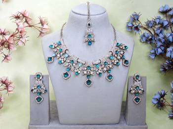 Blue yellow gold premium designer american diamond and stone work necklace set 1