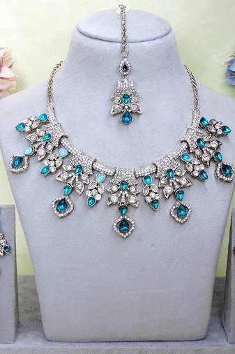 Blue yellow gold premium designer american diamond and stone work necklace set