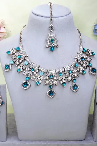 Blue yellow gold premium designer american diamond and stone work necklace set