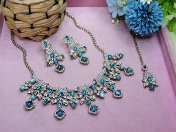 Blue yellow gold premium designer american diamond and stone work necklace set 2