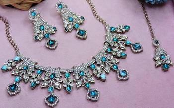 Blue yellow gold premium designer american diamond and stone work necklace set 3