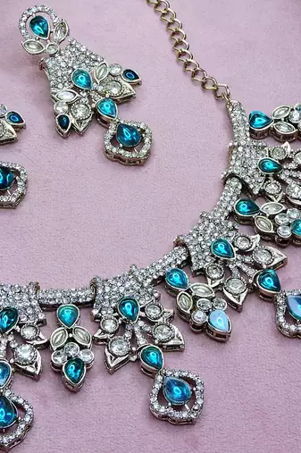 Blue yellow gold premium designer american diamond and stone work necklace set