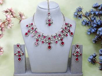 Pink yellow gold premium designer american diamond and stone work necklace set 1