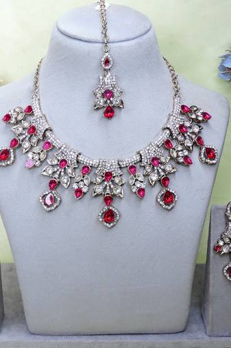 Pink yellow gold premium designer american diamond and stone work necklace set