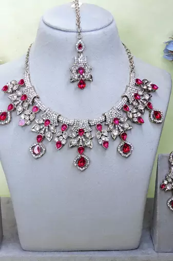 Pink yellow gold premium designer american diamond and stone work necklace set