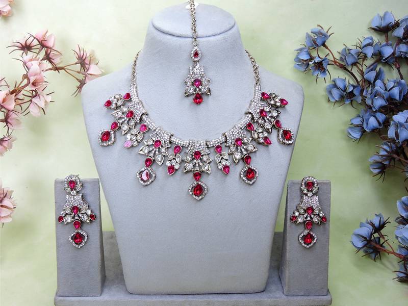 Pink yellow gold premium designer american diamond and stone work necklace set