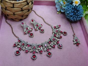 Pink yellow gold premium designer american diamond and stone work necklace set 2