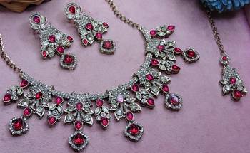 Pink yellow gold premium designer american diamond and stone work necklace set 3