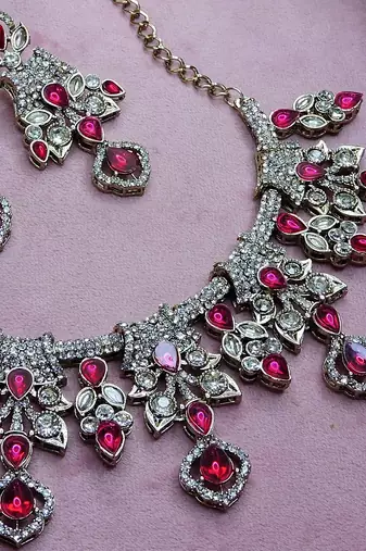 Pink yellow gold premium designer american diamond and stone work necklace set