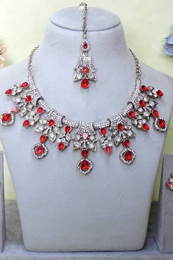 Red yellow gold premium designer american diamond and stone work necklace set