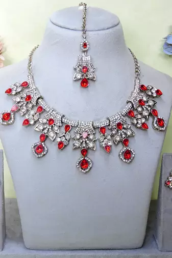 Red yellow gold premium designer american diamond and stone work necklace set