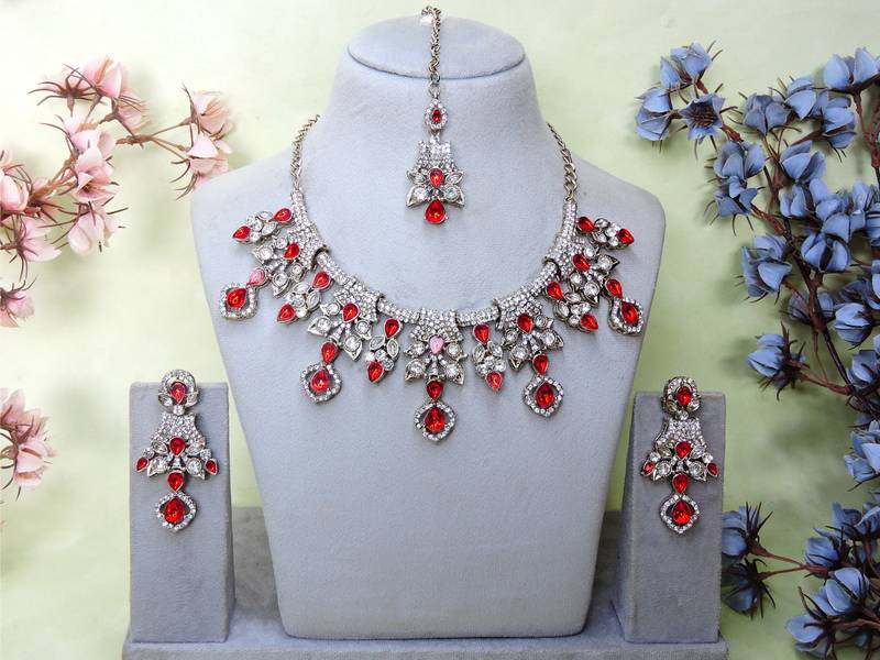 Red yellow gold premium designer american diamond and stone work necklace set