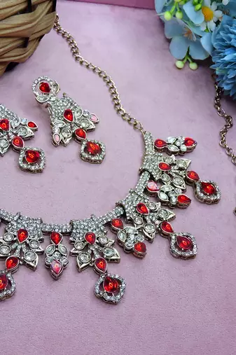 Red yellow gold premium designer american diamond and stone work necklace set