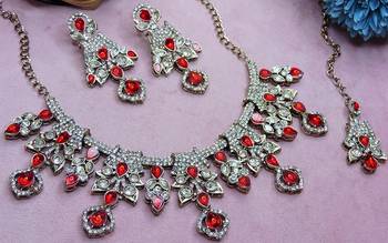 Red yellow gold premium designer american diamond and stone work necklace set 3