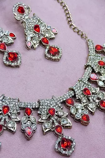 Red yellow gold premium designer american diamond and stone work necklace set
