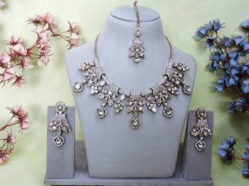 White yellow gold premium designer american diamond and stone work necklace set 1